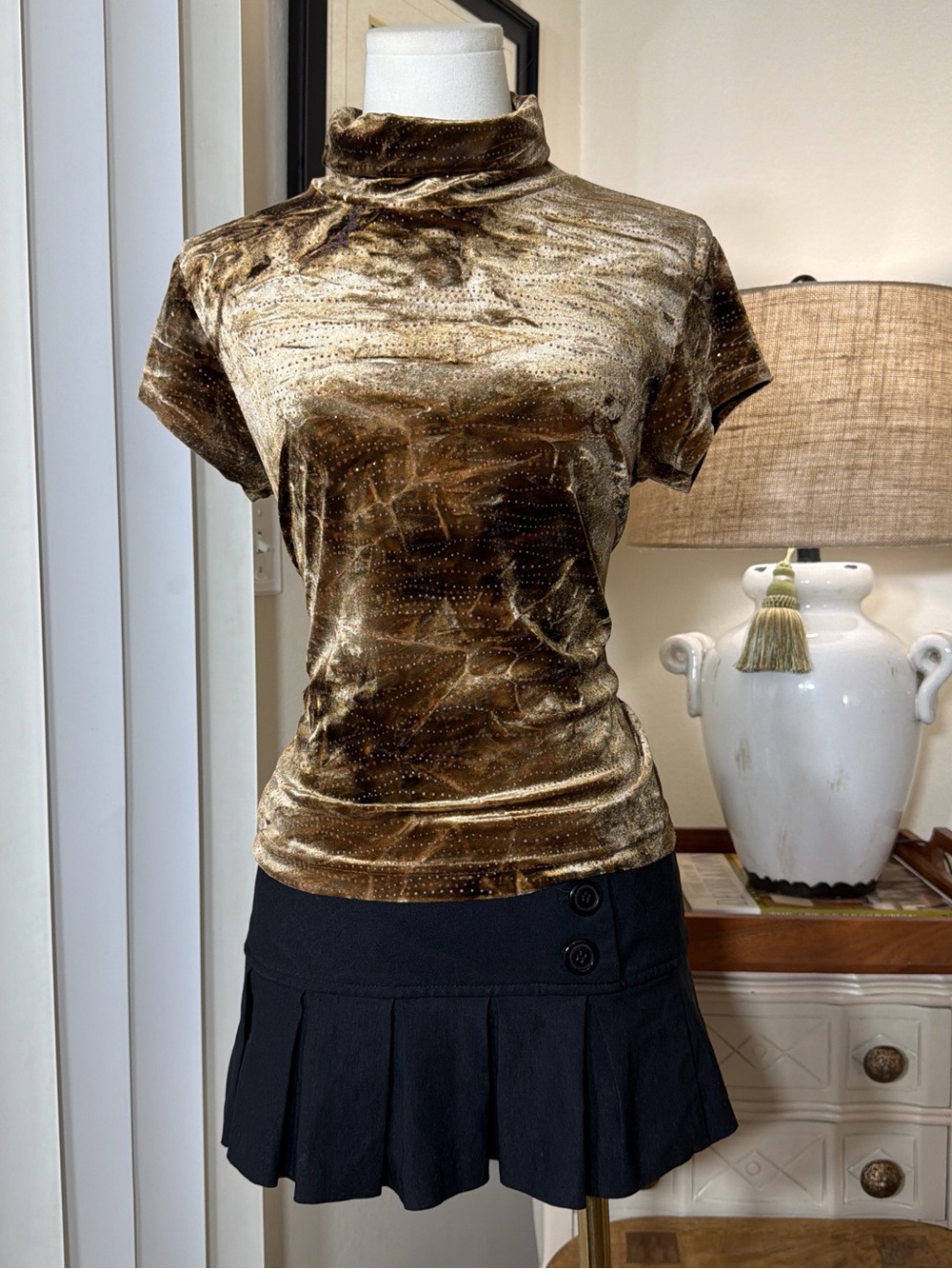 No Boundaries Brown Velvet Short-Sleeve Mock Neck Top